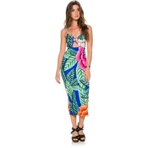 Blue Flora Tie Front Midi Cocktail Dress